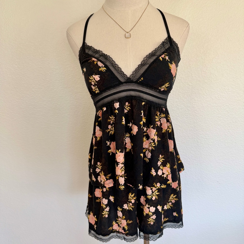🌹 VS Black Pink Roses Floral Print Heavenly Supersoft Modal Lace Cami Short Set - Picture 2 of 12